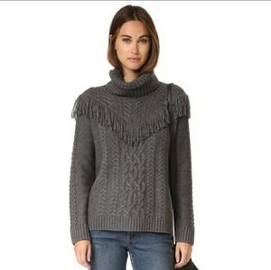 Joie Viviam Fringe Turtle Neck Sweater Wool Cable Knit